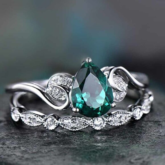 💍 Elegant Dainty Lake Green Anillos 925 Silver Couple Ring Set, VIP211 - Picture 1 of 6